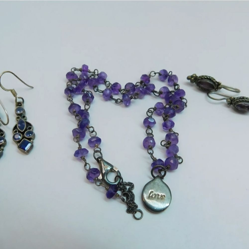 Artisan 925 Love Pendant Amethyst Bead Necklace & Faceted & Iolite Drop Earrings